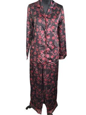 Vintage Cabernet By Sleep Sense Womens Floral Satin Pajama Set Black & Red Long